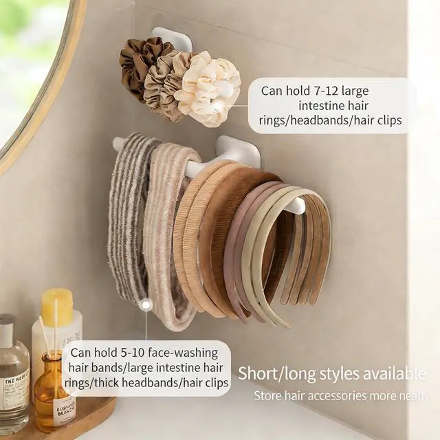 Alt view image 4 of 7 - Self Adhesive Scrunchie Holder Wall Mounted, Headband Holder Hair Accessory Organizer for Bathroom, No Drilling Wall Hanging Storage Hook for Jewelry Hair Ties, Clips, Hairbands, White(1pcs Long Bar)