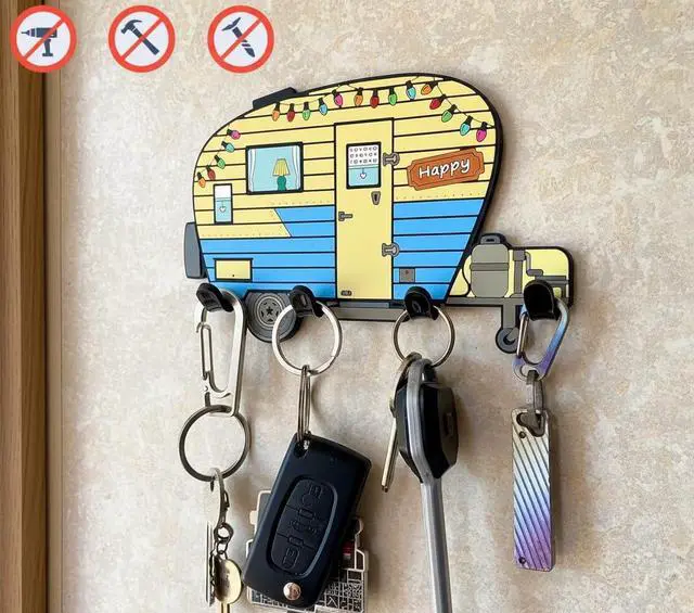 Alt view image 2 of 7 - Camper Key Holder for Wall No Drill No Holes, Adhesive Wall Mount Rack for Keys and Accessories Cute Vintage Decor for Inside RV or Trailers Stick On (Yellow/Blue)