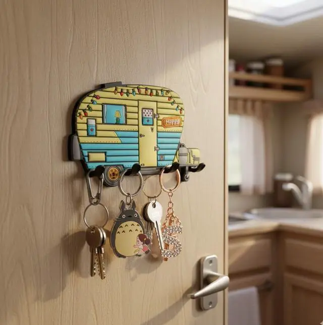 Alt view image 5 of 7 - Camper Key Holder for Wall No Drill No Holes, Adhesive Wall Mount Rack for Keys and Accessories Cute Vintage Decor for Inside RV or Trailers Stick On (Yellow/Blue)