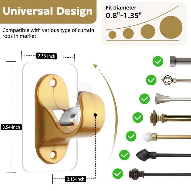 Alt view image 2 of 6 - Pack No Drill Curtain Rod Holders, Self Adhesive Curtain Rod Brackets, No Drilling, No Nail Heavy Duty Stick on Rod Hooks Bedroom, Bathroom, Livingroom, Kitchen (Gold)