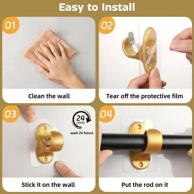 Alt view image 4 of 6 - Pack No Drill Curtain Rod Holders, Self Adhesive Curtain Rod Brackets, No Drilling, No Nail Heavy Duty Stick on Rod Hooks Bedroom, Bathroom, Livingroom, Kitchen (Gold)