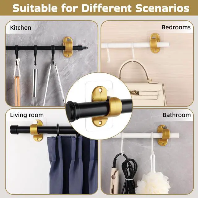 Alt view image 5 of 6 - Pack No Drill Curtain Rod Holders, Self Adhesive Curtain Rod Brackets, No Drilling, No Nail Heavy Duty Stick on Rod Hooks Bedroom, Bathroom, Livingroom, Kitchen (Gold)