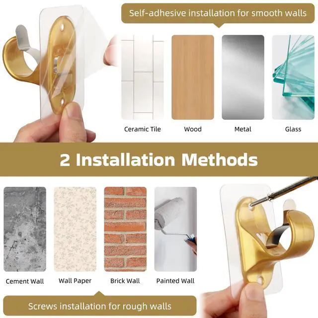 Alt view image 3 of 6 - Pack No Drill Curtain Rod Holders, Self Adhesive Curtain Rod Brackets, No Drilling, No Nail Heavy Duty Stick on Rod Hooks Bedroom, Bathroom, Livingroom, Kitchen (Gold)