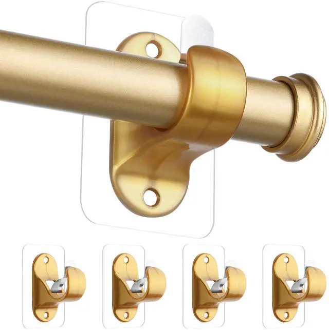 Main image of Pack No Drill Curtain Rod Holders, Self Adhesive Curtain Rod Brackets, No Drilling, No Nail Heavy Duty Stick on Rod Hooks Bedroom, Bathroom, Livingroom, Kitchen (Gold)