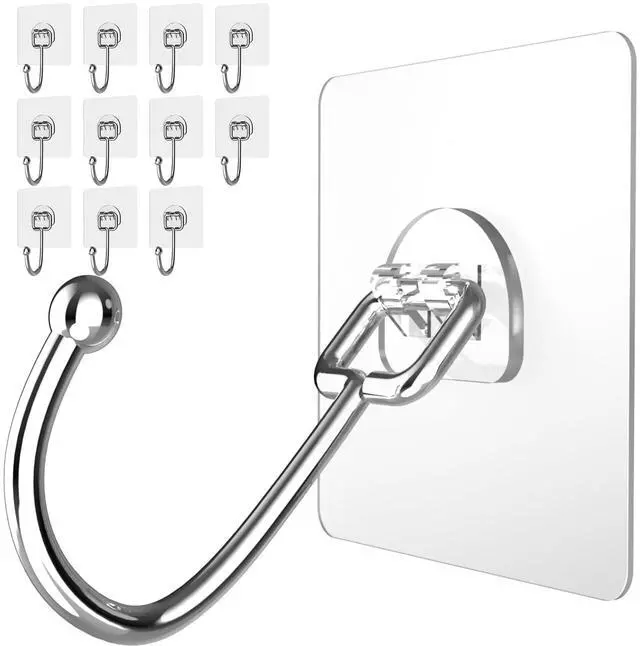 Main image of Large Adhesive Hooks 12-Pack, Heavy Duty Wall Hooks for Bathroom, Kitchen, Outdoor, Strong Self-Adhesive Towel & Coat Hooks, Waterproof Transparent Utility Hooks for Home Improvement