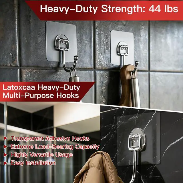 Alt view image 2 of 7 - Large Adhesive Hooks 12-Pack, Heavy Duty Wall Hooks for Bathroom, Kitchen, Outdoor, Strong Self-Adhesive Towel & Coat Hooks, Waterproof Transparent Utility Hooks for Home Improvement