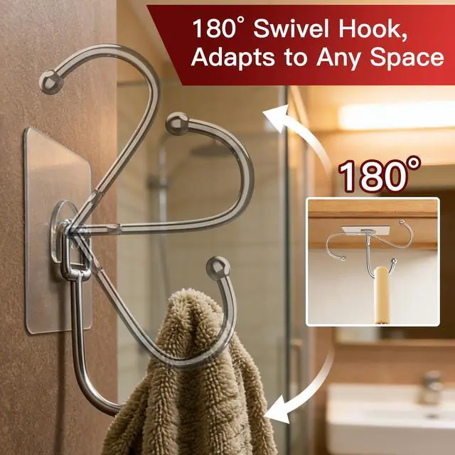 Alt view image 4 of 7 - Large Adhesive Hooks 12-Pack, Heavy Duty Wall Hooks for Bathroom, Kitchen, Outdoor, Strong Self-Adhesive Towel & Coat Hooks, Waterproof Transparent Utility Hooks for Home Improvement
