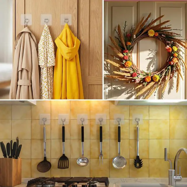 Alt view image 3 of 7 - Large Adhesive Hooks 12-Pack, Heavy Duty Wall Hooks for Bathroom, Kitchen, Outdoor, Strong Self-Adhesive Towel & Coat Hooks, Waterproof Transparent Utility Hooks for Home Improvement