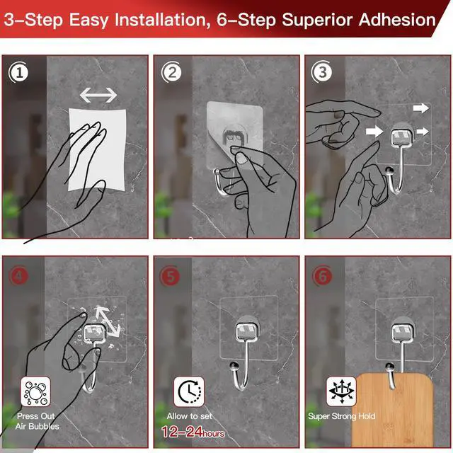 Alt view image 7 of 7 - Large Adhesive Hooks 12-Pack, Heavy Duty Wall Hooks for Bathroom, Kitchen, Outdoor, Strong Self-Adhesive Towel & Coat Hooks, Waterproof Transparent Utility Hooks for Home Improvement