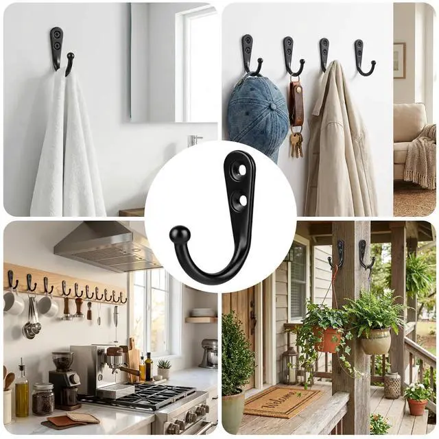 Alt view image 5 of 7 - Wall Hooks for Hanging, 40 Pack Black Small Coat Hooks with 80 Screws, Heavy Duty Single Prong Wall Hooks for Keys, Cups,Towels,Bag and More