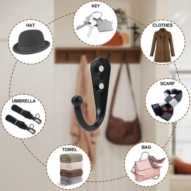 Alt view image 6 of 7 - Wall Hooks for Hanging, 40 Pack Black Small Coat Hooks with 80 Screws, Heavy Duty Single Prong Wall Hooks for Keys, Cups,Towels,Bag and More