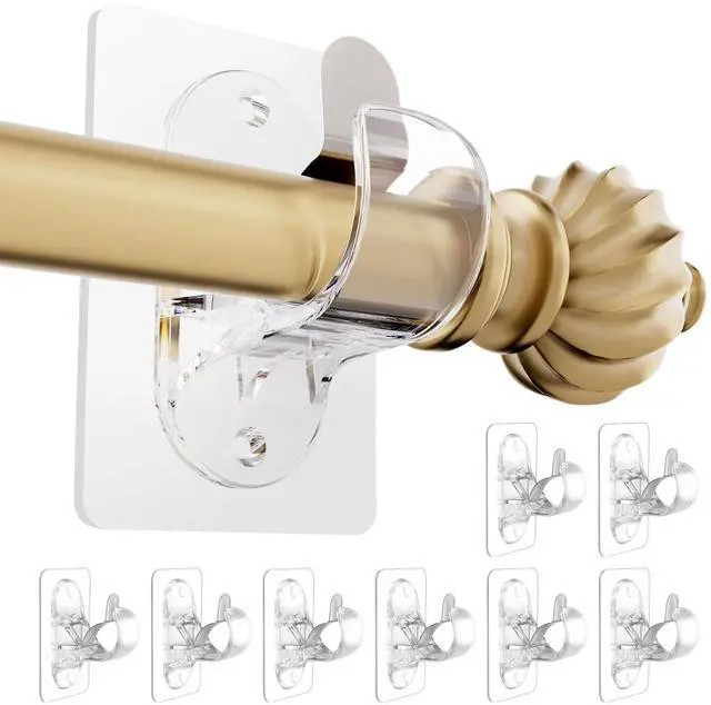 Main image of No Drill Curtain Rod Brackets, (8 Pack) Self Adhesive Curtain Rod Holders No Screw Nail-Free, Adjustable Heavy Duty Stick On Curtain Hangers Hooks for 0.5 to 1.3" Dia Rods