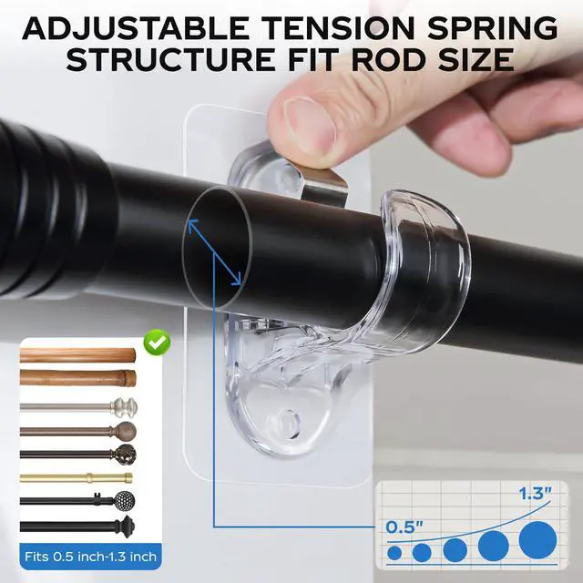 Alt view image 2 of 7 - No Drill Curtain Rod Brackets, (8 Pack) Self Adhesive Curtain Rod Holders No Screw Nail-Free, Adjustable Heavy Duty Stick On Curtain Hangers Hooks for 0.5 to 1.3" Dia Rods