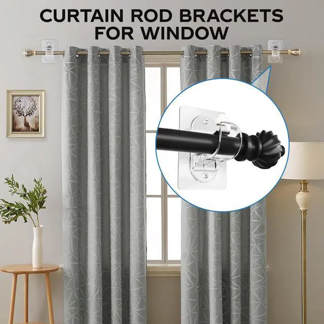 Alt view image 3 of 7 - No Drill Curtain Rod Brackets, (8 Pack) Self Adhesive Curtain Rod Holders No Screw Nail-Free, Adjustable Heavy Duty Stick On Curtain Hangers Hooks for 0.5 to 1.3" Dia Rods