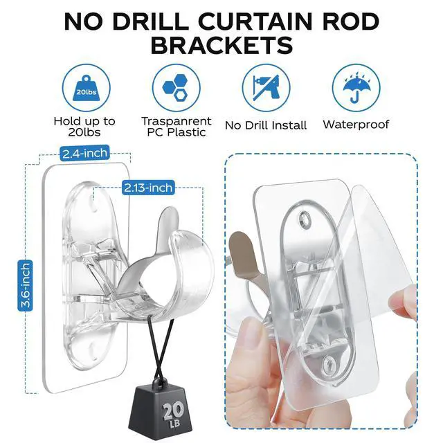 Alt view image 4 of 7 - No Drill Curtain Rod Brackets, (8 Pack) Self Adhesive Curtain Rod Holders No Screw Nail-Free, Adjustable Heavy Duty Stick On Curtain Hangers Hooks for 0.5 to 1.3" Dia Rods