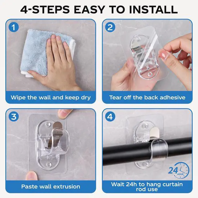 Alt view image 6 of 7 - No Drill Curtain Rod Brackets, (8 Pack) Self Adhesive Curtain Rod Holders No Screw Nail-Free, Adjustable Heavy Duty Stick On Curtain Hangers Hooks for 0.5 to 1.3" Dia Rods