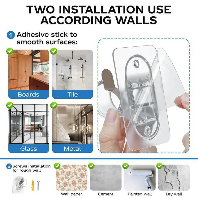 Alt view image 5 of 7 - No Drill Curtain Rod Brackets, (8 Pack) Self Adhesive Curtain Rod Holders No Screw Nail-Free, Adjustable Heavy Duty Stick On Curtain Hangers Hooks for 0.5 to 1.3" Dia Rods