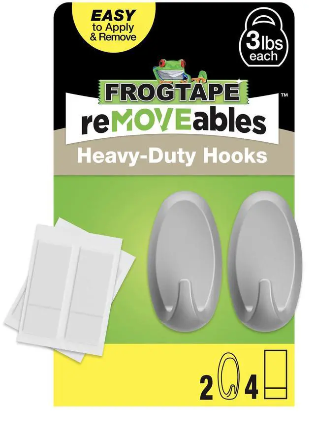 Main image of Heavy Duty Wall Hooks - Holds up to 3 lbs, Includes 2 Brushed Nickel Hooks and 4 Strips - No Damage, Easy to Remove & Reuse, Medium Wall Hook with Adhesive Strips (Pack of 2)