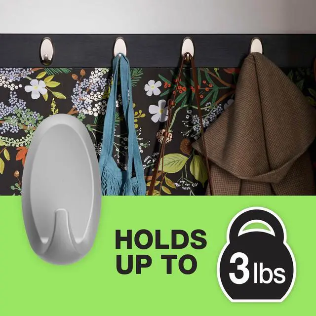 Alt view image 2 of 7 - Heavy Duty Wall Hooks - Holds up to 3 lbs, Includes 2 Brushed Nickel Hooks and 4 Strips - No Damage, Easy to Remove & Reuse, Medium Wall Hook with Adhesive Strips (Pack of 2)
