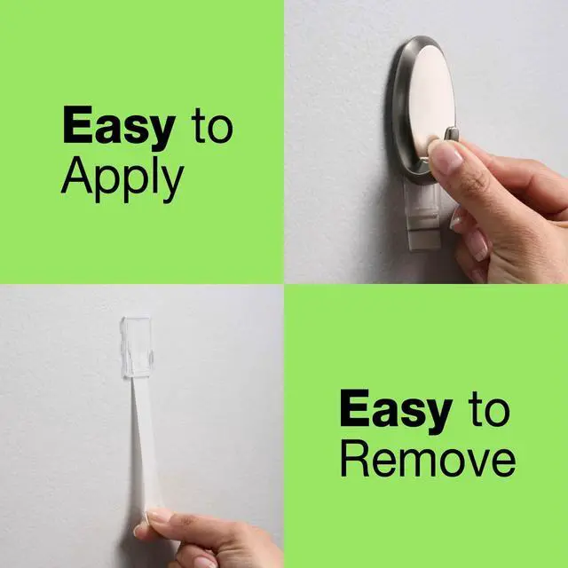 Alt view image 4 of 7 - Heavy Duty Wall Hooks - Holds up to 3 lbs, Includes 2 Brushed Nickel Hooks and 4 Strips - No Damage, Easy to Remove & Reuse, Medium Wall Hook with Adhesive Strips (Pack of 2)