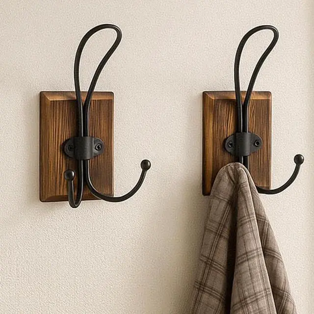 Main image of Rustic Wood Wall Hooks - Wall Mounted or Adhesive Coat Rack for Bathroom Towels Robes - Farmhouse Modern Decorative Entryway Hangers for Hats Keys Purses Bags, Brown