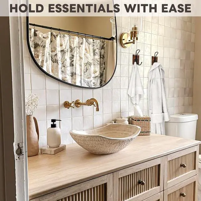 Alt view image 3 of 7 - Rustic Wood Wall Hooks - Wall Mounted or Adhesive Coat Rack for Bathroom Towels Robes - Farmhouse Modern Decorative Entryway Hangers for Hats Keys Purses Bags, Brown
