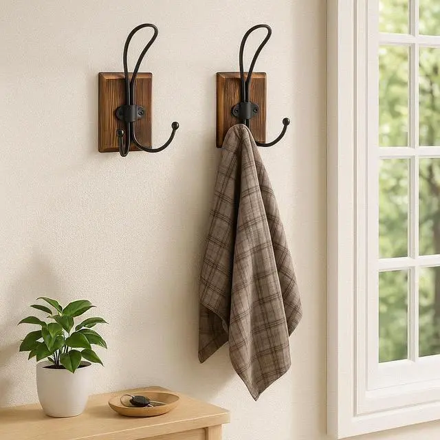 Alt view image 6 of 7 - Rustic Wood Wall Hooks - Wall Mounted or Adhesive Coat Rack for Bathroom Towels Robes - Farmhouse Modern Decorative Entryway Hangers for Hats Keys Purses Bags, Brown