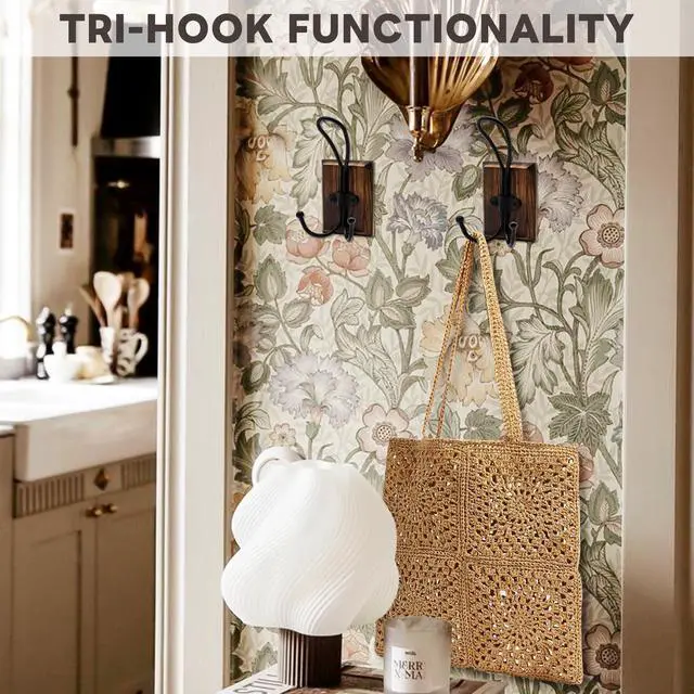 Alt view image 5 of 7 - Rustic Wood Wall Hooks - Wall Mounted or Adhesive Coat Rack for Bathroom Towels Robes - Farmhouse Modern Decorative Entryway Hangers for Hats Keys Purses Bags, Brown