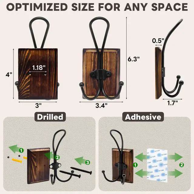 Alt view image 4 of 7 - Rustic Wood Wall Hooks - Wall Mounted or Adhesive Coat Rack for Bathroom Towels Robes - Farmhouse Modern Decorative Entryway Hangers for Hats Keys Purses Bags, Brown