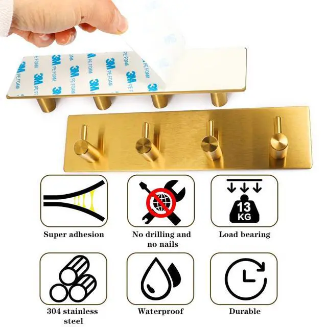 Alt view image 7 of 7 - Key Holder for Christmas Wall Decorative, Adhesive Stainless Steel Key Hooks, Key Hanger Key Organizer Towel Hook Coat Hanger for Entryway Hallway Kitchen (Four Rows, Golden 1 PC)