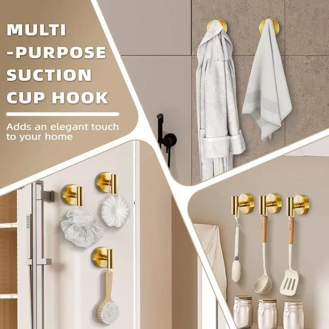 Alt view image 4 of 7 - Suction Cup Hooks for Shower - Bathroom Reusable Hooks for Towels, Robes & Loofah - No-Drill Mounting on Kitchen,Walls,Metal,Glass,Mirrors,Tile & Smooth Non-Porous Surfaces (2, Brushed Gold)