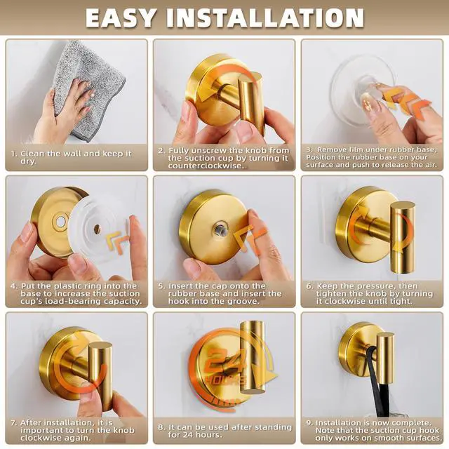 Alt view image 5 of 7 - Suction Cup Hooks for Shower - Bathroom Reusable Hooks for Towels, Robes & Loofah - No-Drill Mounting on Kitchen,Walls,Metal,Glass,Mirrors,Tile & Smooth Non-Porous Surfaces (2, Brushed Gold)
