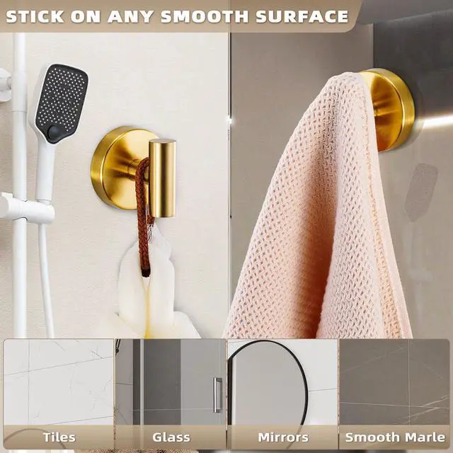 Alt view image 3 of 7 - Suction Cup Hooks for Shower - Bathroom Reusable Hooks for Towels, Robes & Loofah - No-Drill Mounting on Kitchen,Walls,Metal,Glass,Mirrors,Tile & Smooth Non-Porous Surfaces (2, Brushed Gold)