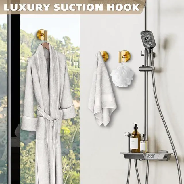 Alt view image 6 of 7 - Suction Cup Hooks for Shower - Bathroom Reusable Hooks for Towels, Robes & Loofah - No-Drill Mounting on Kitchen,Walls,Metal,Glass,Mirrors,Tile & Smooth Non-Porous Surfaces (2, Brushed Gold)