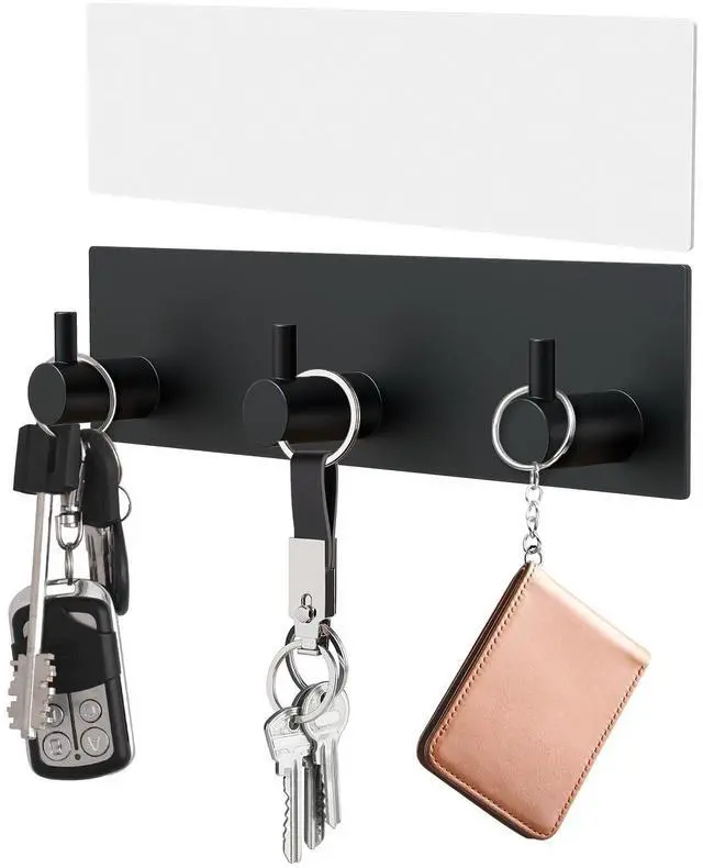 Main image of Key Holder Wall Mount, Small Adhesive Key Hanger with 3 Hooks, Black