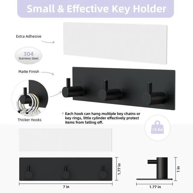 Alt view image 3 of 7 - Key Holder Wall Mount, Small Adhesive Key Hanger with 3 Hooks, Black