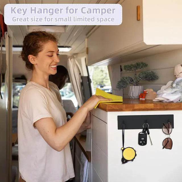 Alt view image 5 of 7 - Key Holder Wall Mount, Small Adhesive Key Hanger with 3 Hooks, Black