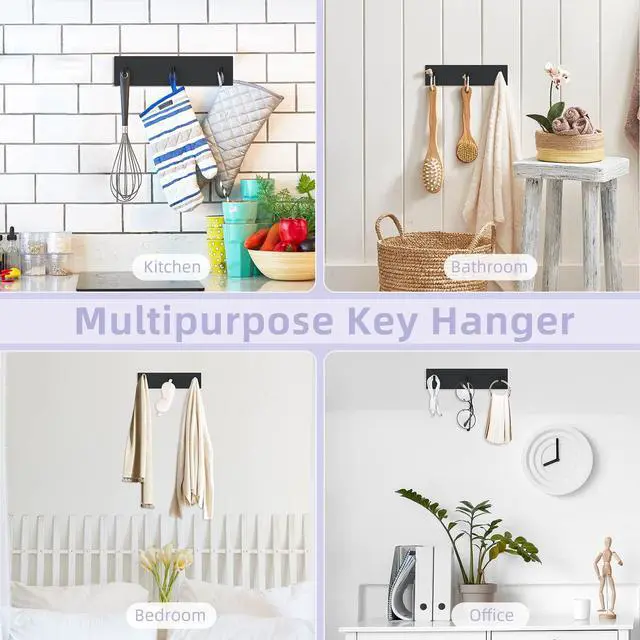Alt view image 6 of 7 - Key Holder Wall Mount, Small Adhesive Key Hanger with 3 Hooks, Black