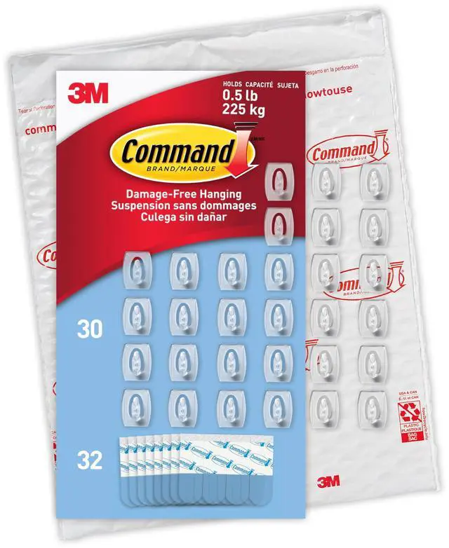 Main image of Clear Indoor Mini Wall Hooks, 30 Hooks, 32 Strips, Damage-Free Hanging and Decorating for Home, Room, Wall, Office, and Dorm Decor, Holds up to 0.5 lb