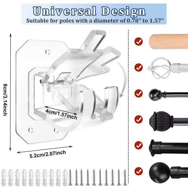 Alt view image 2 of 5 - 8PCS Upgraded No Drill Curtain Rod Brackets No Drilling Curtain Rod Holders Self Adhesive Curtain Rod Hooks Nail Free Adjustable Curtain Hangers Suitable for Poles of 0.78~1.57 Inch(Transparent)