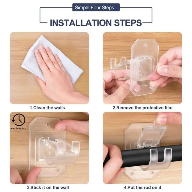 Alt view image 5 of 5 - 8PCS Upgraded No Drill Curtain Rod Brackets No Drilling Curtain Rod Holders Self Adhesive Curtain Rod Hooks Nail Free Adjustable Curtain Hangers Suitable for Poles of 0.78~1.57 Inch(Transparent)