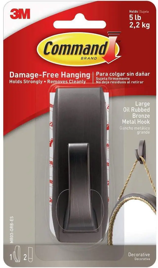 Main image of Large Modern Reflections Metal Hook, Holds up to 5 lb, Oil Rubbed Bronze, 1 Wall Hook with 2 Strips, Damage-Free Hanging Hooks for Hanging Decorations in Living Spaces