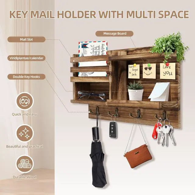 Alt view image 2 of 7 - Key Holder Wall Mount, Solid Wood Key and Mail Organizer for Wall(Self Adhesive or Drill), 8 Hooks Key Rack for Entryway Hallway Bedroom Farmhouse Home Decor (Burnt Brown)