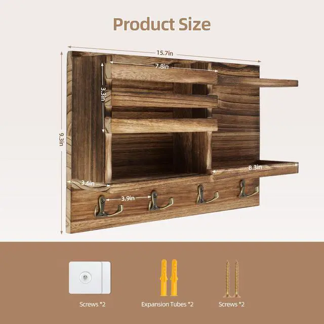 Alt view image 3 of 7 - Key Holder Wall Mount, Solid Wood Key and Mail Organizer for Wall(Self Adhesive or Drill), 8 Hooks Key Rack for Entryway Hallway Bedroom Farmhouse Home Decor (Burnt Brown)