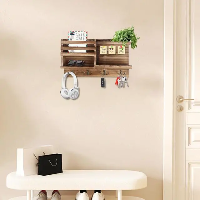 Alt view image 4 of 7 - Key Holder Wall Mount, Solid Wood Key and Mail Organizer for Wall(Self Adhesive or Drill), 8 Hooks Key Rack for Entryway Hallway Bedroom Farmhouse Home Decor (Burnt Brown)