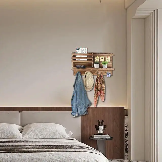 Alt view image 6 of 7 - Key Holder Wall Mount, Solid Wood Key and Mail Organizer for Wall(Self Adhesive or Drill), 8 Hooks Key Rack for Entryway Hallway Bedroom Farmhouse Home Decor (Burnt Brown)