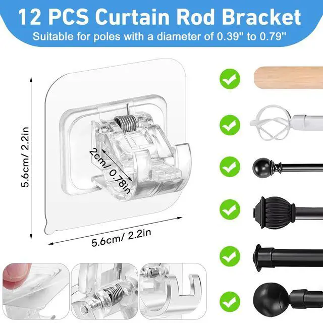 Alt view image 2 of 7 - Pack Self Adhesive Curtain Rod Holder, No Drill Curtain Rod Brackets, Nail Free Adjustable Curtain Rod Hooks, Curtain Rods No Drilling for Windows Home Kitchen Bedroom Hotel (Transparent)