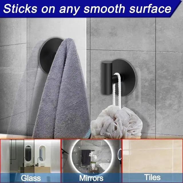 Alt view image 2 of 7 - Wall Towel Hooks, Adhesive Hooks for Coat Waterproof Shower Hooks, Sticky Hanger Hook for Hanging Coat, Clothes, Robe, Towel Hooks for Bathroom Glass Window - 2 Pack, Black