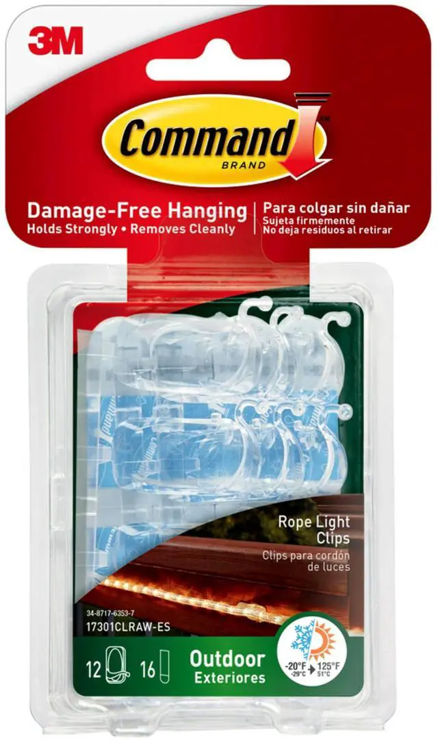 Main image of Outdoor Rope Light Clips, 12 Hooks and 16 Command Strips, Damage Free Hanging Christmas Decorations with Weather Resistant Strips, Wall Clips for Hanging Outdoor Lights and Cable Management