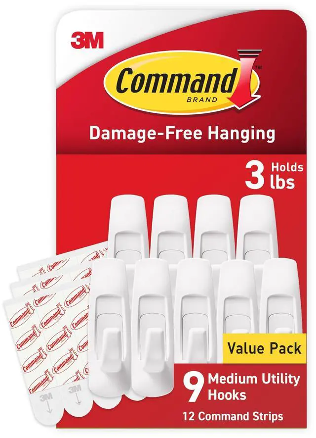 Main image of Medium Utility Hooks, 9 Wall Hook and 12 Strips, Damage-Free Hanging with Adhesive, No Tools Great for Hanging Back to School Dorm Organizers, Holds up to 3 lb